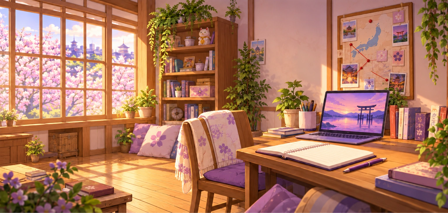 Subomi’s Moonberry room before optional decorations: a sunny desk, books and a cherry-blossom view.