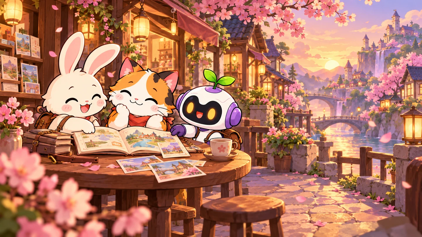 Luna the rabbit, Kiko the calico cat and Pixel the sprout-topped robot explore an illustrated travel journal in Subomi’s lantern-lit world.
